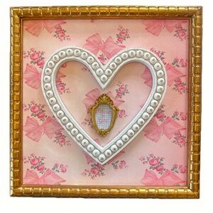 Handmade love shack fancy vibe heart pink floral bow gold framed canvas 
12x12”